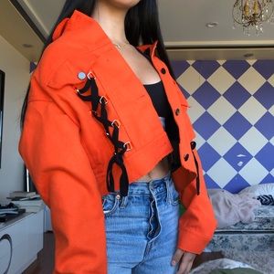 Orange Cropped Jacket with Black Lace Up Detail